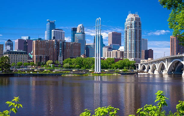 Minneapolis skyline with Mississippi river and Third Avenue Bridge